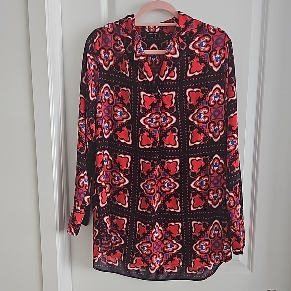 Red and Black Geometric Floral Boxy Sailor Collar Shirt